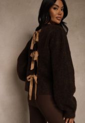 Brązowy Kardigan z Wełną Zdobiony Bufiastymi Rękawami i Wiązaniem na Plecach Tusfina. Brązowe kardigany damskie Renee, l, z aplikacjami, z satyny, bez kołnierzyka. Za 149.99 zł.