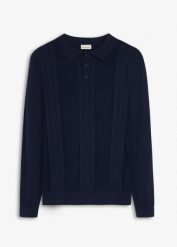Sweter polo z czystej bawełny. Niebieskie swetry męskie bonprix, m, bez wzorów, z bawełny, bez kołnierzyka, bez ramiączek. Za 129.99 zł.