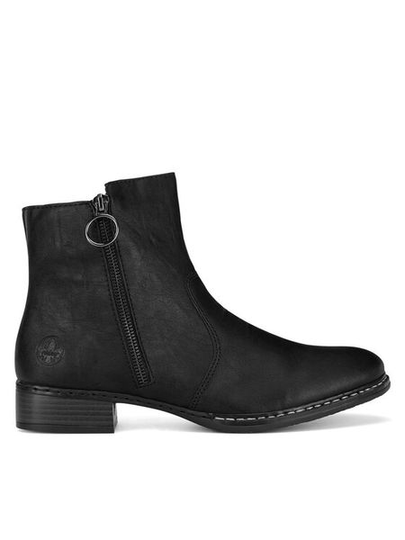 Rieker Botki 73450-00 Czarny. Czarne botki damskie Rieker, bez wzorów, z materiału, bez obcasa, na płaskiej podeszwie, bez zapięcia. Za 339.99 zł.