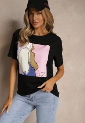 Czarny Bawełniany T-shirt z Geometrycznym Nadrukiem Mepressa. Czarne t-shirty damskie Renee, s, bez wzorów, z bawełny, eleganckie, bez kołnierzyka, bez ramiączek. Za 39.99 zł.