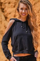 Czarna Krótka Bluza z Rozcięciami na Ramionach. Czarne bluzy damskie Infinite You, l, bez wzorów, z bawełny, bez ramiączek, bez kaptura. Za 167.90 zł.