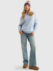 Sweter damski oversize z dodatkiem wełny błękitny Mayamiko 400. Niebieskie swetry nierozpinane damskie BIG STAR, s, bez wzorów, z jeansu, klasyczne, bez kołnierzyka, bez ramiączek. W wyprzedaży za 199.99 zł.
