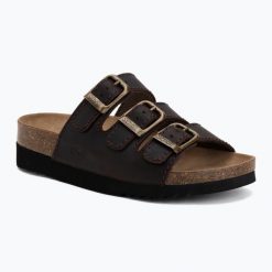 Klapki damskie Scholl Rio Wedge Ad Med. Brązowe klapki damskie Scholl, na lato, bez wzorów, z materiału, eleganckie, bez obcasa, bez zapięcia. Za 289.99 zł.