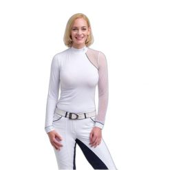 Damska koszulka polo do jazdy konnej z długim rękawem Cavalliera Modern. Białe bluzki damskie CAVALLIERA, bez wzorów, sportowe, bez kołnierzyka, bez ramiączek. W wyprzedaży za 296.50 zł.