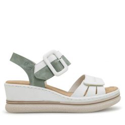 Sandały Rieker. Białe sandały damskie Rieker, bez wzorów, bez obcasa, na koturnie, bez zapięcia. Za 329.99 zł.