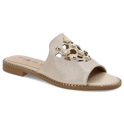 Złote Klapki S.Barski Eleganckie Buty Damskie. Żółte klapki damskie S.BARSKI, na lato, bez wzorów, ze skóry ekologicznej, eleganckie, bez obcasa, bez zapięcia. Za 119.00 zł.