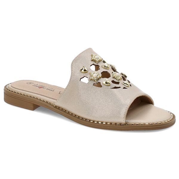 Złote Klapki S.Barski Eleganckie Buty Damskie. Żółte klapki damskie S.BARSKI, na lato, bez wzorów, ze skóry ekologicznej, eleganckie, bez obcasa, bez zapięcia. Za 119.00 zł.