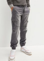 Joggery jeansowe o kroju regular fit z elastyczną gumką w talii, prosta nogawka. Szare jeansy męskie bonprix, z bawełny, eleganckie. Za 169.99 zł.