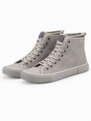 Wysokie buty męskie trampki z dekoracyjną lamówką – popielate V3 OM-FOTH-0158 - 46. Szare trampki męskie Ombre Clothing, bez wzorów, z gumy, eleganckie, przed kolano, bez zapięcia. W wyprzedaży za 109.99 zł.
