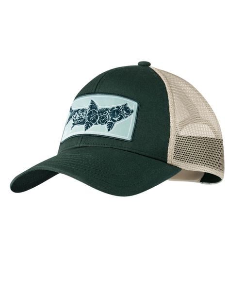 Czapka z daszkiem BUFF EXPLORE TRUCKER CAP SALT. Zielone czapki damskie Buff, na lato, bez wzorów, z bawełny, casualowe. Za 119.99 zł.