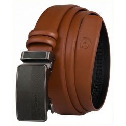 Skórzany pasek męski w jasnobrązowym kolorze z automatyczną, czarną klamrą Peterson PTN A011-AB TAN. Brązowe paski męskie Peterson, ze skóry, eleganckie. Za 59.99 zł.