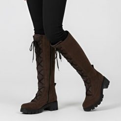 Kozaki damskie Simen, z regulowaną szerokością na klocku i zapinane na zamek, brązowe, 4271A-W. Brązowe kozaki damskie Simen, bez wzorów, z weluru, bez obcasa, bez zapięcia. Za 619.00 zł.