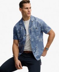 Superdry Krótki rękaw koszula plażowa z nadrukiem bawełna-len. Niebieskie koszule damskie Superdry, na lato, xl, bez wzorów, z bawełny, bez kołnierzyka, bez ramiączek. Za 301.95 zł.