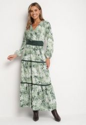 Zielona Kopertowa Rozkloszowana Sukienka Ozdobiona Paskiem i Falbanami Fezisia. Zielone sukienki damskie Born2be, l, bez wzorów, eleganckie, bez kołnierzyka, bez ramiączek, maxi, kopertowe. Za 119.99 zł.