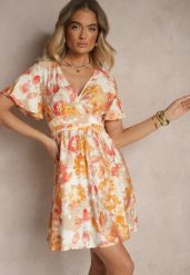 Pomarańczowa Rozkloszowana Sukienka z Wiskozą w Kwiaty z Kopertowym Dekoltem Zeledia. Brązowe sukienki damskie Renee, na co dzień, na lato, l, bez wzorów, z wiskozy, eleganckie, bez kołnierzyka, bez ramiączek, mini, kopertowe. Za 39.99 zł.