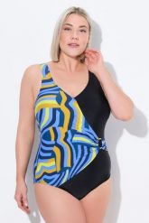Damski Strój kąpielowy w kopertowym stylu miękkie miseczki ozdobne kółeczko. Niebieskie stroje kąpielowe damskie Ulla Popken, plus size, bez wzorów, z elastanu. Za 233.99 zł.