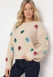 Beżowy Sweter z Tłoczonej Dzianiny z Wiskozą Zdobiony Cekinowymi Kwiatami Edamara. Brązowe swetry nierozpinane damskie Born2be, l, z aplikacjami, z dzianiny, klasyczne, bez kołnierzyka, bez ramiączek. Za 89.99 zł.
