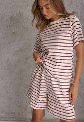 Czerwono-Białe Casualowe Szorty High Waist w Prążki z Bawełnianej Tkaniny Lennliss. Białe szorty damskie Renee, bez wzorów, z bawełny, casualowe, z podwyższonym stanem. Za 49.99 zł.
