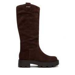Kozaki Guess. Brązowe kozaki damskie Guess, z aplikacjami, bez obcasa, na płaskiej podeszwie, bez zapięcia. Za 824.99 zł.