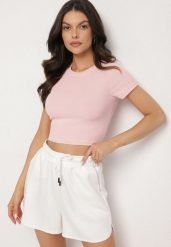 Jasnoróżowy T-shirt z Prążkowanego Materiału o Krótkim Kroju Telunna. Czerwone t-shirty damskie Born2be, l, bez wzorów, z jeansu, eleganckie, bez kołnierzyka, bez ramiączek. Za 29.99 zł.