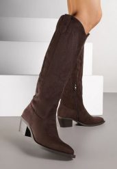 Ciemnobrązowe Kozaki Kowbojki w Klasycznym Stylu z Imitacji Zamszu Lataselia. Brązowe kozaki damskie Renee, bez wzorów, z jeansu, ze szpiczastym noskiem, bez obcasa, na obcasie, bez zapięcia. Za 159.99 zł.