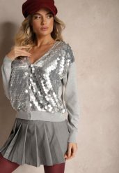 Szary Kardigan na Guziki z Wiskozą i Cekinami Evelith. Szare kardigany damskie Renee, z aplikacjami, z jeansu, eleganckie, bez kołnierzyka. Za 109.99 zł.