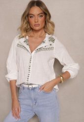 Biało-Zielona Bawełniana Koszula Boho z Haftowanym Wzorem Gonniva. Zielone koszule damskie Renee, l, bez wzorów, z bawełny, boho, bez kołnierzyka, bez ramiączek. Za 89.99 zł.