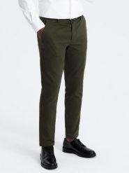 Spodnie męskie chino SLIM FIT z delikatną teksturą - ciemnooliwkowe V4 - Rozmiar: XL. Zielone eleganckie spodnie męskie Ombre Clothing, bez wzorów, z bawełny. W wyprzedaży za 199.99 zł.
