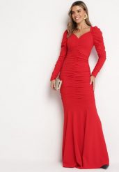 Czerwona Sukienka Maxi z Marszczeniem Marabela. Czerwone sukienki damskie Born2be, s, bez wzorów, bez kołnierzyka, bez ramiączek, maxi, rozkloszowane. Za 199.99 zł.