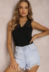 Czarny Top Telephedeia. Czarne topy damskie Renee, l, bez wzorów, z bawełny, eleganckie, bez kołnierzyka, bez ramiączek. Za 24.99 zł.