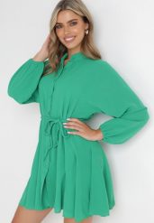 Zielona Koszulowa Sukienka Rozkloszowana z Paskiem Faithe. Zielone sukienki damskie Born2be, l, bez wzorów, bez kołnierzyka, bez ramiączek, mini, koszulowe. Za 129.99 zł.