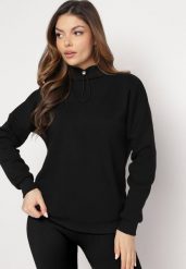 Czarna Bawełniana Bluza z Półgolfem i Ściągaczem Themista. Czarne bluzy damskie Born2be, bez wzorów, z bawełny, casualowe, bez ramiączek, bez kaptura. Za 89.99 zł.