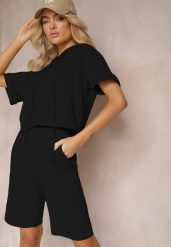 Czarny Komplet Dresowy Bluza z Kapturem i Krótkimi Rękawami oraz Szorty Choana. Czarne bluzy damskie Renee, s, bez wzorów, z dresówki, bez ramiączek, z kapturem. Za 119.99 zł.
