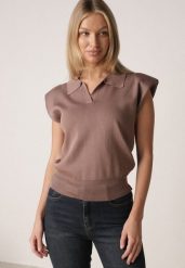 Brązowa Wiskozowa Bluzka Sweterkowa z Usztywnionymi Ramionami i Kołnierzykiem Katano. Brązowe bluzki damskie Born2be, uniwersalny, bez wzorów, z jeansu, eleganckie, bez kołnierzyka, bez ramiączek. Za 79.99 zł.