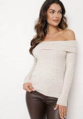 Jasnobeżowy Sweter z Wiskozą i Wywiniętym Dekoltem Corivie. Brązowe swetry nierozpinane damskie Born2be, m, bez wzorów, z jeansu, eleganckie, bez kołnierzyka, bez ramiączek. Za 99.99 zł.