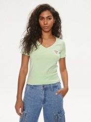 Guess T-Shirt W2YI45 J1314 Zielony Slim Fit. Zielone t-shirty damskie Guess, l, z aplikacjami, z bawełny, bez kołnierzyka, bez ramiączek. Za 129.99 zł.
