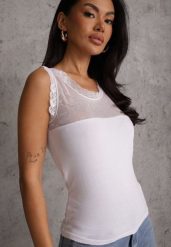 Biały Top z Bawełny Ozdobiony u Góry Koronką Berice. Białe topy damskie Renee, m, bez wzorów, z bawełny, bez kołnierzyka, bez ramiączek. Za 29.99 zł.