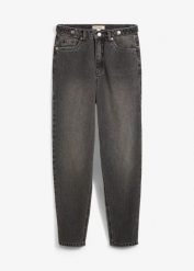 Jeansy mom, high waist, cropped. Szare jeansy damskie bonprix, bez wzorów, z bawełny, z podwyższonym stanem, krótkie. Za 127.99 zł.