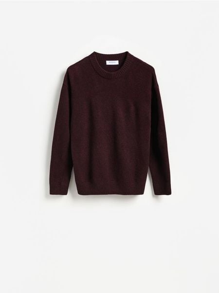 Wełniany sweter - karminowy. Czerwone swetry męskie Reserved, l, bez wzorów, z wełny, bez kołnierzyka, bez ramiączek. Za 239.99 zł.