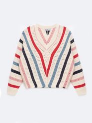 Sweter damski ażurowy w kolorowe paski kremowy Vika 102. Białe swetry nierozpinane damskie BIG STAR, l, w ażurowe wzory, z bawełny, retro, bez kołnierzyka, bez ramiączek. Za 199.99 zł.