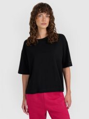 4F T-shirt oversize gładki damski - czarny XS. Czarne t-shirty damskie 4F, xs, bez wzorów, z bawełny, klasyczne, bez kołnierzyka, bez ramiączek. W wyprzedaży za 29.99 zł.