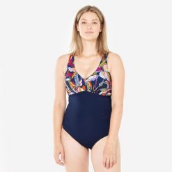 Strój jednoczęściowy do aquafitness damski Nabaiji 100 Rosy Yvo. Niebieskie stroje kąpielowe damskie Decathlon, l, bez wzorów, z materiału. Za 79.99 zł.