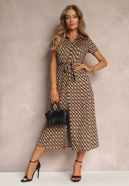 Ciemnobeżowa Sukienka Prixia. Brązowe sukienki damskie Renee, l, bez wzorów, z materiału, eleganckie, bez kołnierzyka, bez ramiączek, midi, koszulowe. Za 179.99 zł.