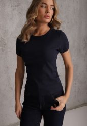 Granatowy Bawełniany T-shirt o Dopasowanym Kroju z Prążkowanego Materiału Lailya. Niebieskie t-shirty damskie Renee, m, bez wzorów, z bawełny, eleganckie, bez kołnierzyka, bez ramiączek. Za 39.99 zł.