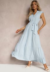 Jasnoniebieska Sukienka z Paskiem w Talii o Rozkloszowanym Fasonie bez Rękawów Ellasin. Niebieskie sukienki damskie Renee, na co dzień, l, bez wzorów, eleganckie, bez kołnierzyka, bez ramiączek, maxi, proste. Za 69.99 zł.