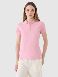 4F Koszulka polo slim damska - różowa S. Czerwone bluzki damskie 4F, s, bez wzorów, z bawełny, klasyczne, bez kołnierzyka, bez ramiączek. Za 89.99 zł.