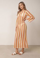 Pomarańczowa Rustykalna Sukienka Letnia z Plecionki w Paski Ixelle. Brązowe sukienki damskie Born2be, na co dzień, na lato, uniwersalny, bez wzorów, eleganckie, bez kołnierzyka, bez ramiączek, maxi, dopasowane. Za 149.99 zł.