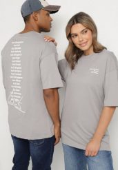 Szara Koszulka T-shirt z Nadrukiem z Przodu i na Plecach Ninarelia. Szare bluzki damskie Born2be, l, bez wzorów, bez kołnierzyka, bez ramiączek. Za 39.99 zł.