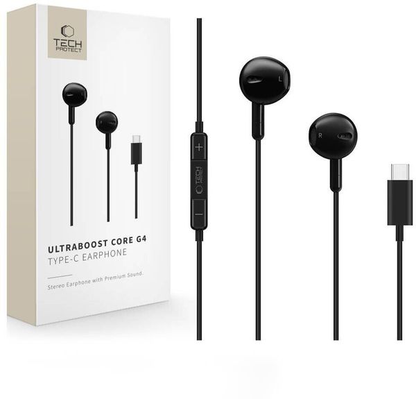 Słuchawki Tech-Protect Ultraboost TYPE-C earphone CORE G4 black (5906302324286). Czarne słuchawki dokanałowe TECH-PROTECT. Za 30.00 zł.