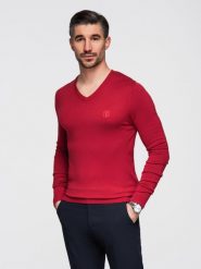 Męski elegancki sweter V-neck BASIC z wiskozą – czerwony V20 - Rozmiar: XL. Czerwone swetry męskie Ombre Clothing, m, bez wzorów, z dzianiny, biznesowe, bez kołnierzyka, bez ramiączek. W wyprzedaży za 69.99 zł.